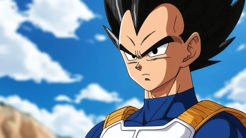 Stoic anime warrior stares ahead beneath bright blue sky