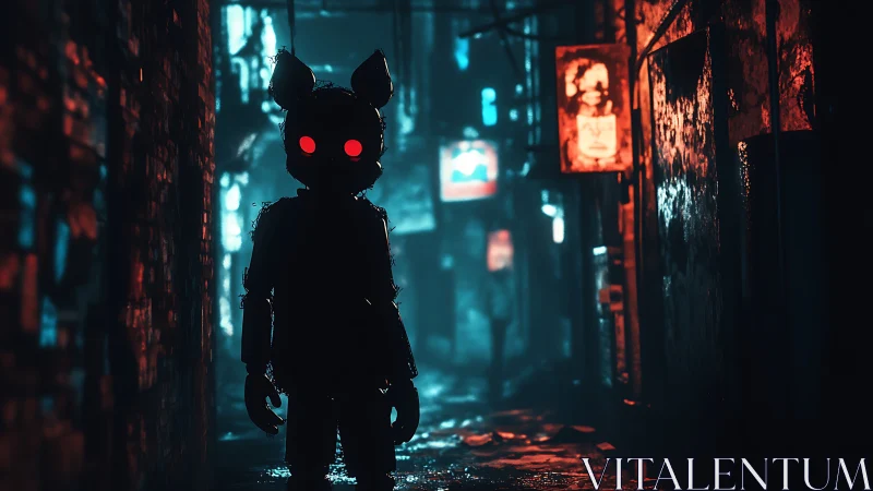 Cybernetic cat silhouette stalks neon-soaked alleyway scene.
