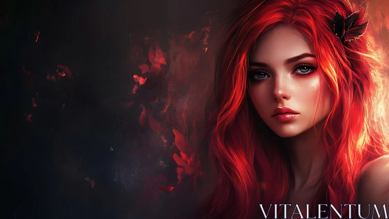 Red haired woman portrait against dark abstract background.