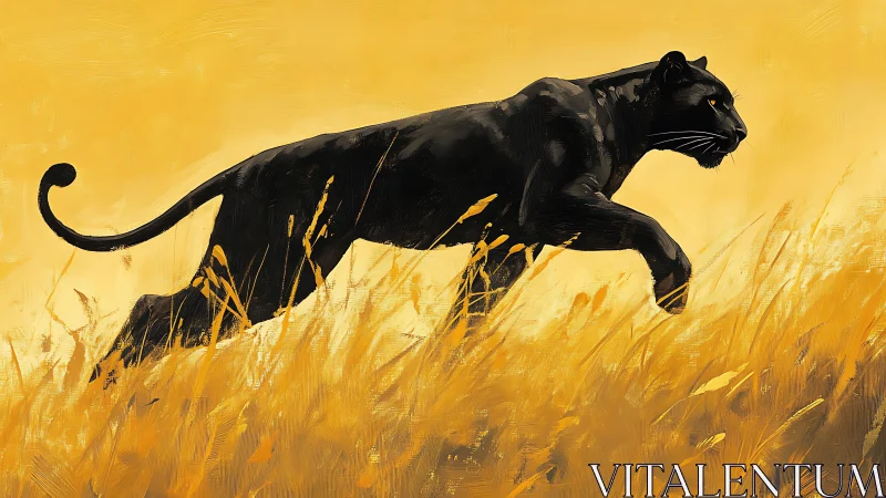Black Panther Running Through Golden Grass Field.