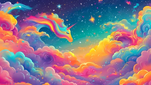 Chromatic unicorn drifts through neon-tinted volumetric skyfield