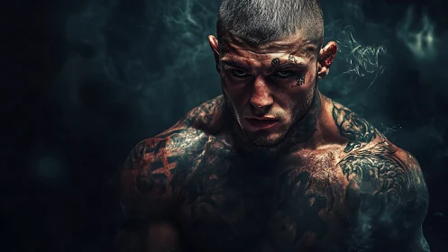 Tattooed muscular man in low key smoky studio portrait.