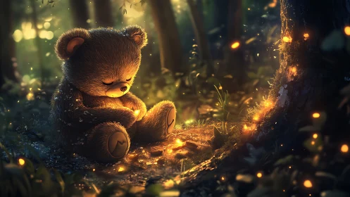 Bioluminescent forest glade with plush teddy bear at rest