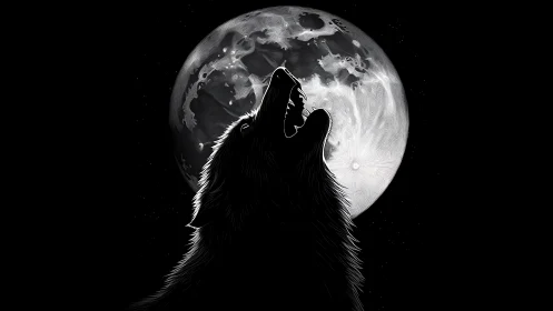 High-contrast wolf silhouette against textured lunar disc illustration.
