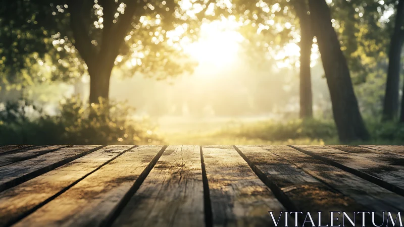 Sunlit wooden table surface in forest clearing setting.