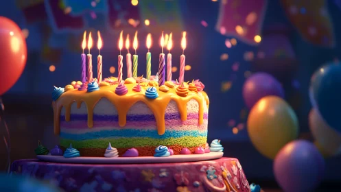 Layered Birthday Cake with Lit Candles and Rainbow Frosting