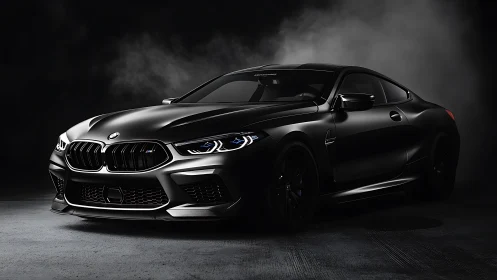 Black BMW performance coupe stands in dramatic studio smoke