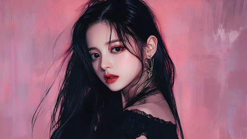 Digital portrait shows dark haired woman against pink haze