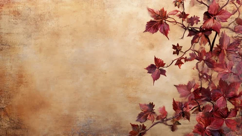 Red vine foliage on textured beige background surface.