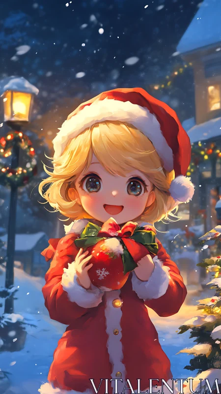 Child in Santa outfit holds ornament in snowy village street