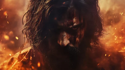 Brooding warrior crowned in embers and storm-dark fury.