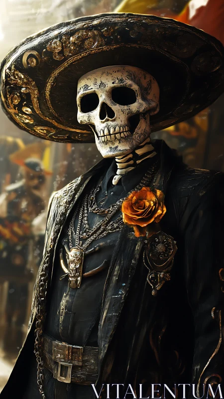 Skeleton mariachi in ornate sombrero with golden rose.