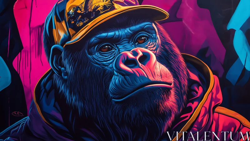 Urban neon gorilla portrait in bold street-art palette.