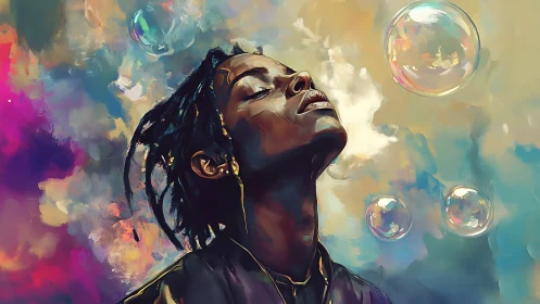Digital portrait with bubbles and vibrant dreamscape sky.