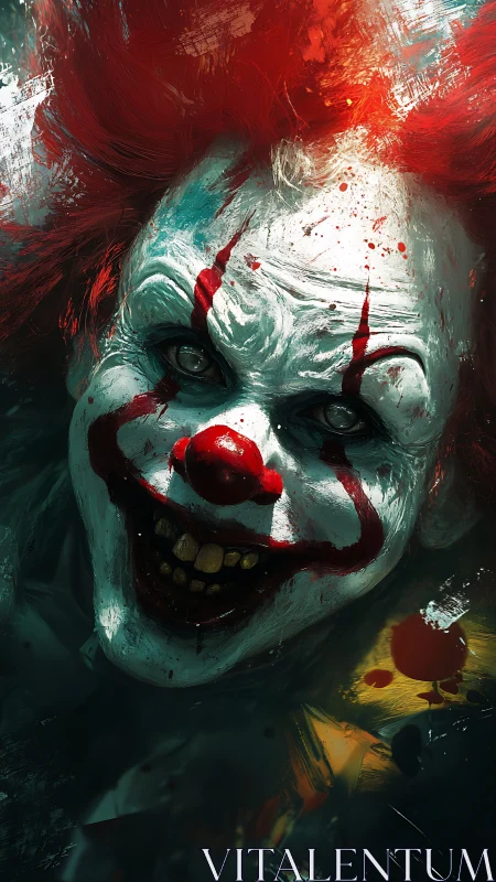 Close-up digital rendering of sinister clown face portrait.