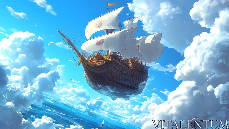 Sky galleon cuts through luminous clouds and sunlit blue.