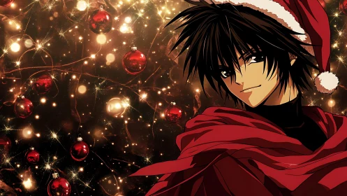 Anime boy in Santa outfit amid glowing holiday lights.
