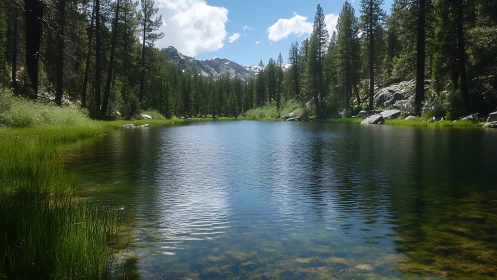 Conifer-lined mountain lake with clear reflective water surface.