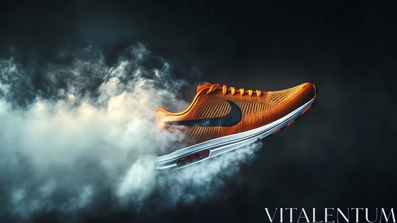 Dynamic orange running shoe slicing through drifting smoke.