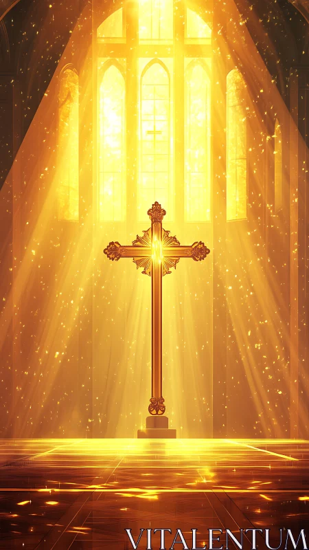 Radiant golden cross crowned by streaming cathedral light.