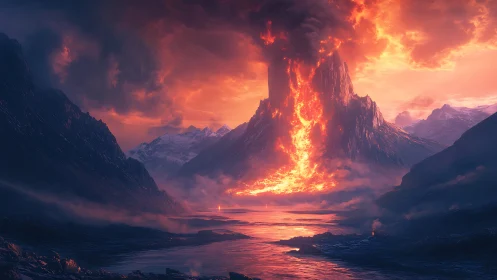 Volcanic Eruption Through Mountain Valley. Apocalyptic Landscape.