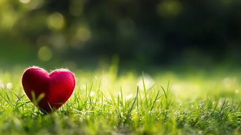 Red heart-shaped object positioned in grass with bokeh background.