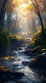 Sunlit forest stream flows through mossy rocks at dawn