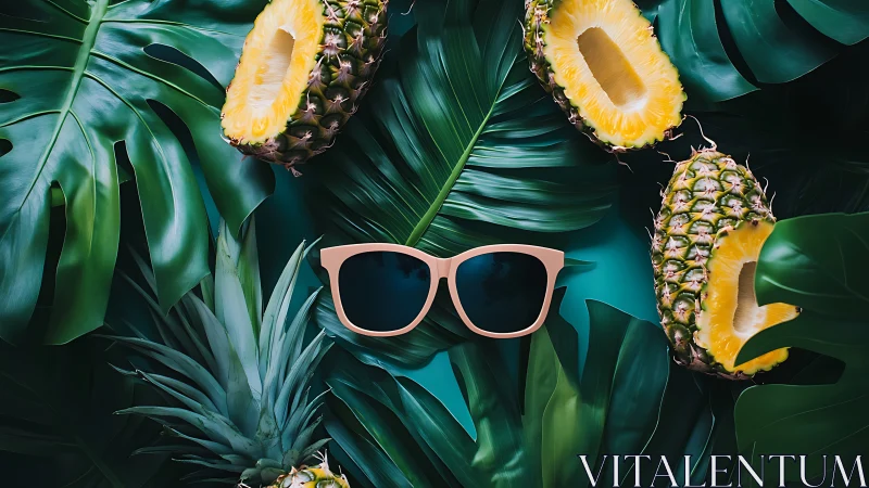 Pastel sunglasses with pineapples on tropical monstera foliage