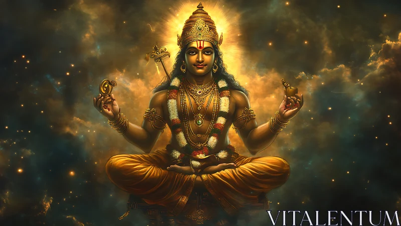 Radiant cosmic deity floating in golden celestial calm.