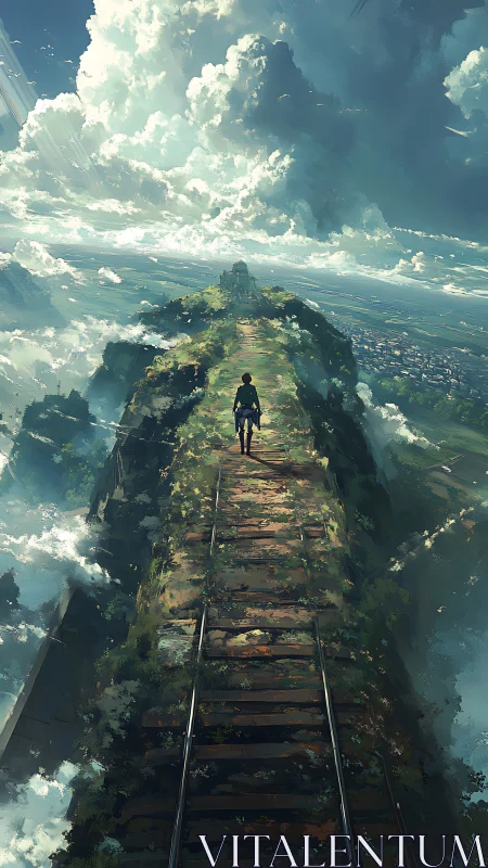 Solitary figure walks derelict mountain railway into vast clouds