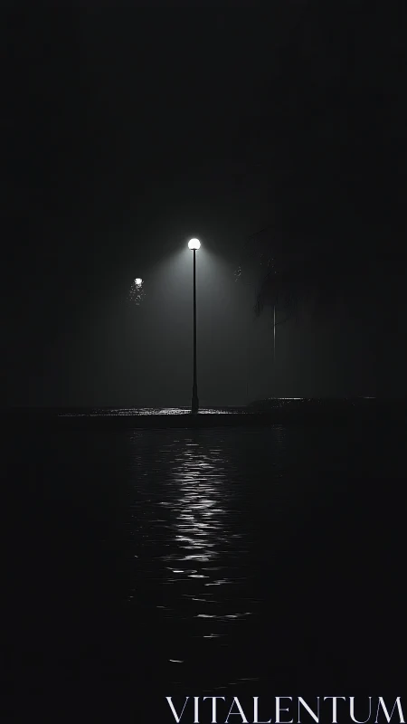 Solitary lamppost illuminates rippling water in nocturnal haze