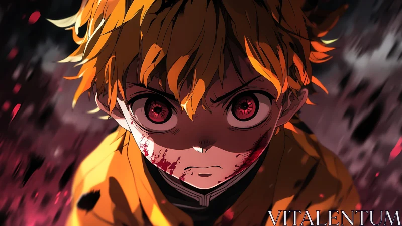 Intense yellow haired anime fighter with bloodied face