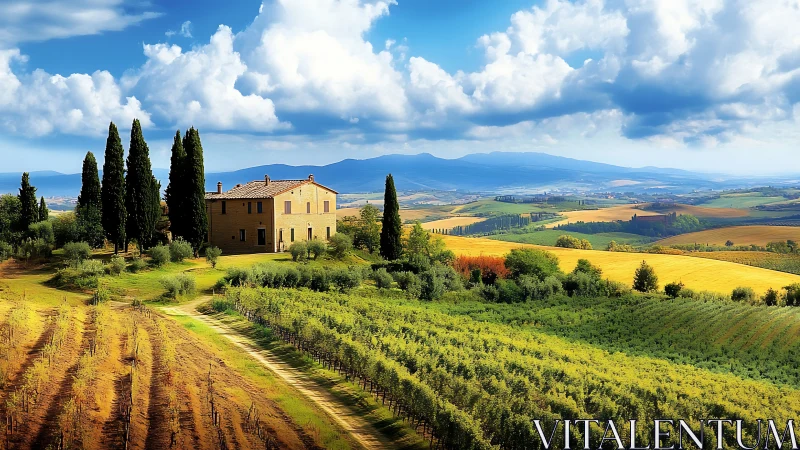 Tuscan farmhouse anchors sunlit vineyards under cumulus sky