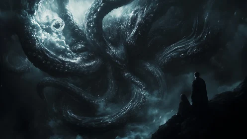 Colossal cosmic leviathan looms above two fearful watchers