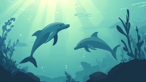 Stylized dolphins traverse sunlit pelagic zone with layered silhouettes