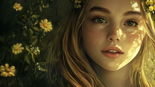 Sunlit freckled maiden in wildflower woodland glow.