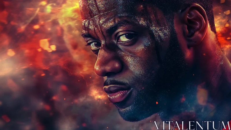 Sweat-slicked gaze carves a path through swirling digital fire