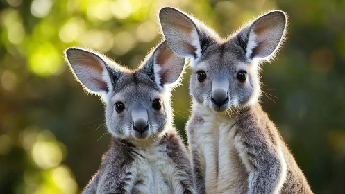 Twin kangaroo joeys in soft golden backlight portrait.