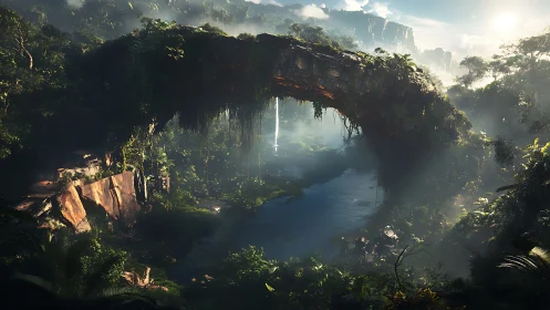 Sunlit jungle bridge dreams itself into misty eternity