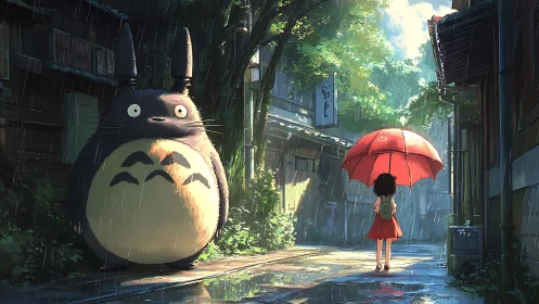 Giant forest creature and girl share rainy alley moment.