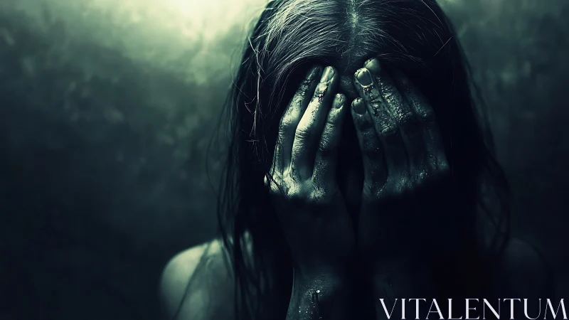 Grief-drenched hands cradle silence in a drowned green hush