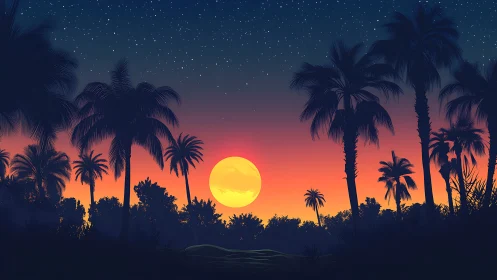 Moonrise over ember horizon in whispering palm jungle.