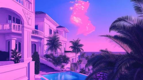 Neon sunset villa with infinity pool and tropical palm foliage