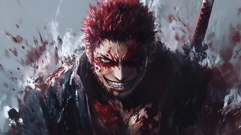 Blood-soaked anime swordsman with feral grin mid-battle.