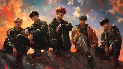 Urban boy band under blazing painterly sunset sky.