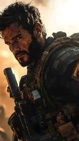 Steely soldier holds his ground in glowing battlefield light