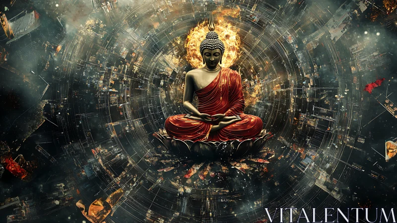 Cosmic Buddha meditates within a blazing digital mandala.