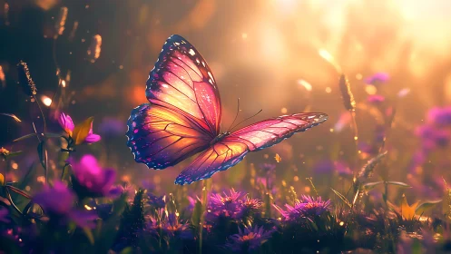 Iridescent butterfly hovers over meadow in golden backlight