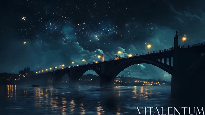 Midnight river bridge under luminous star-filled heavens.