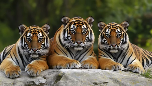 Three Tigers Resting on Stone Rock Formation.